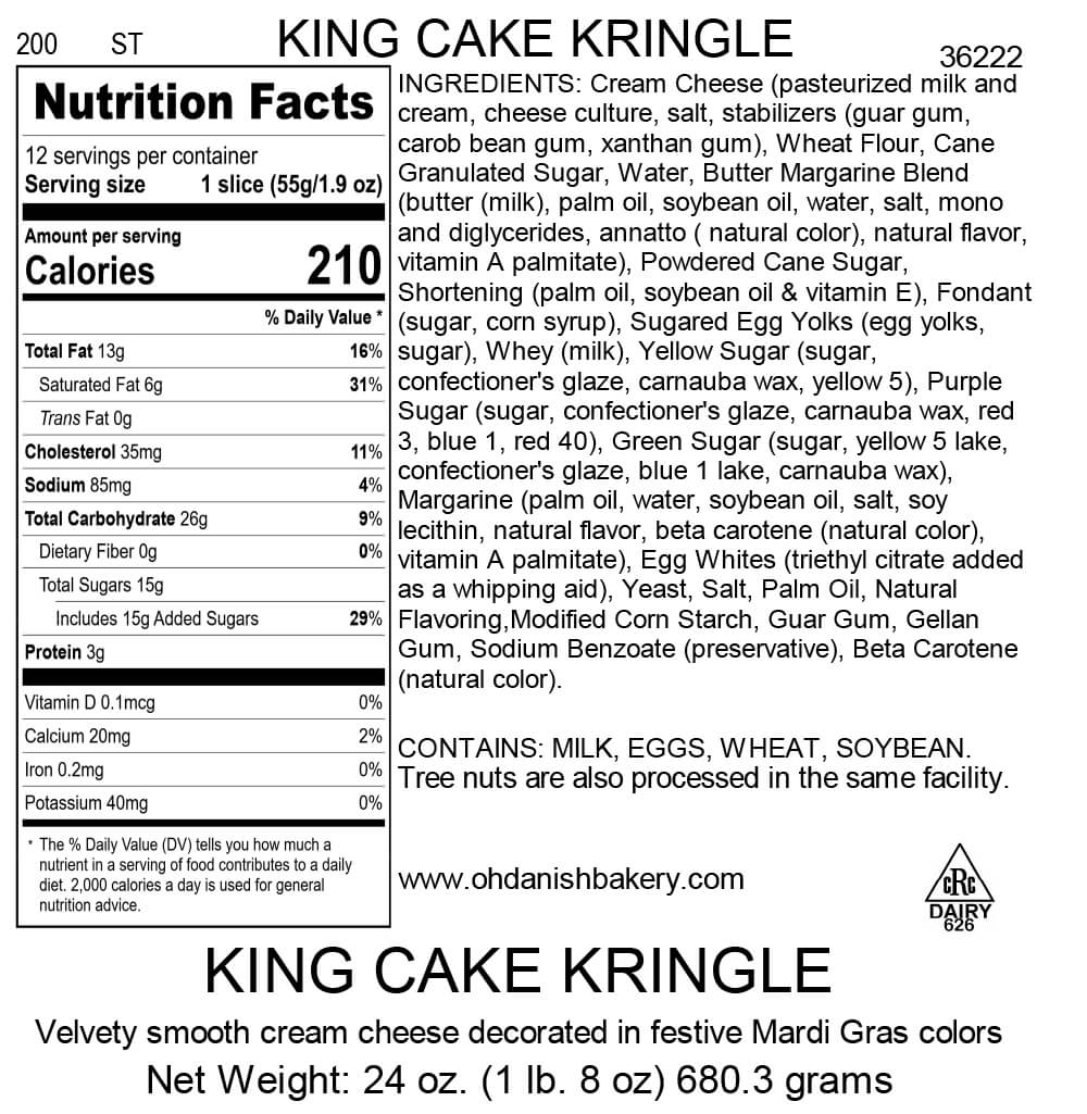 Nutritional Label for King Cake Kringle