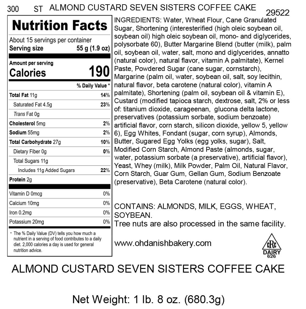 Nutritional Label for Almond Custard Seven Sisters Coffee Cake