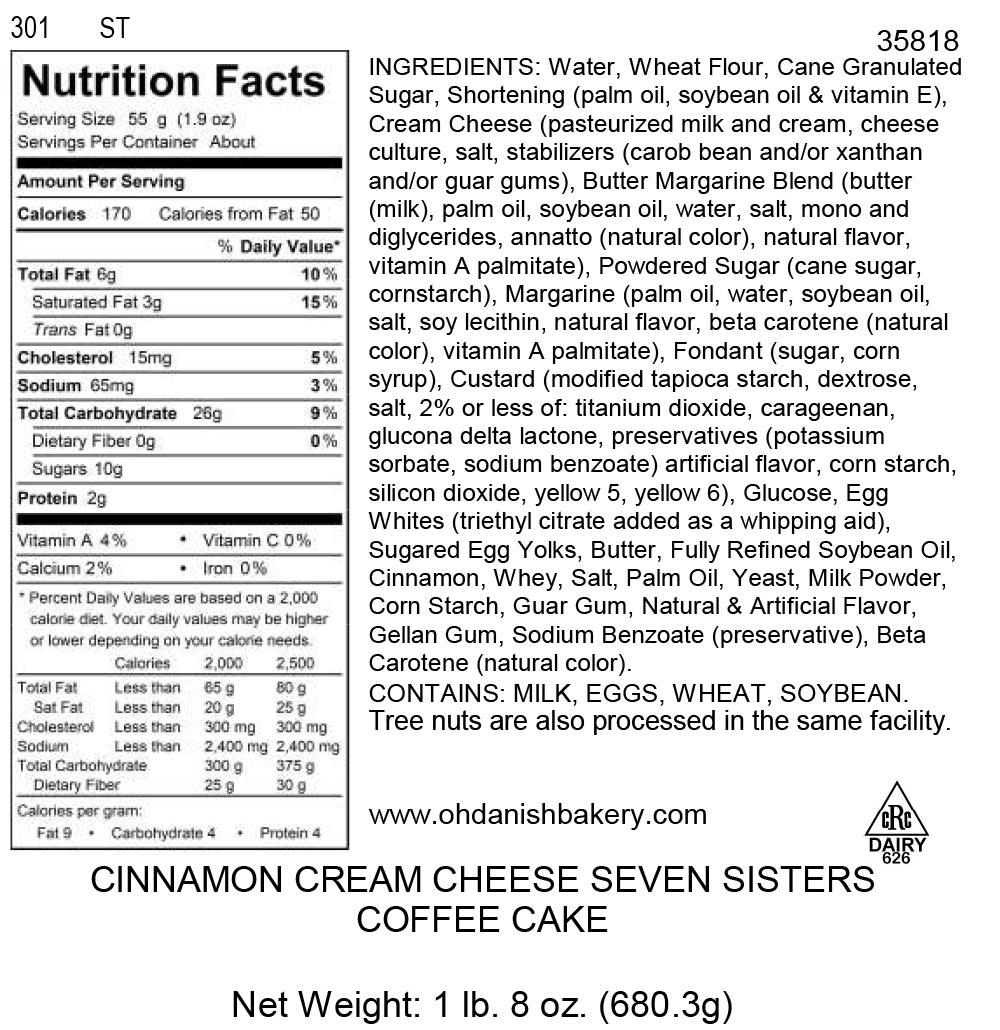 Nutritional Label for Cinnamon Seven Sisters Coffee Cake