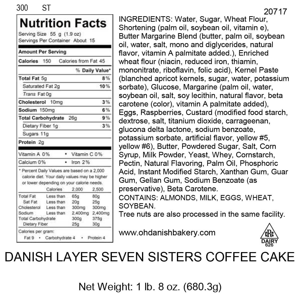 Nutritional Label for Danish Layer Seven Sisters Coffee Cake