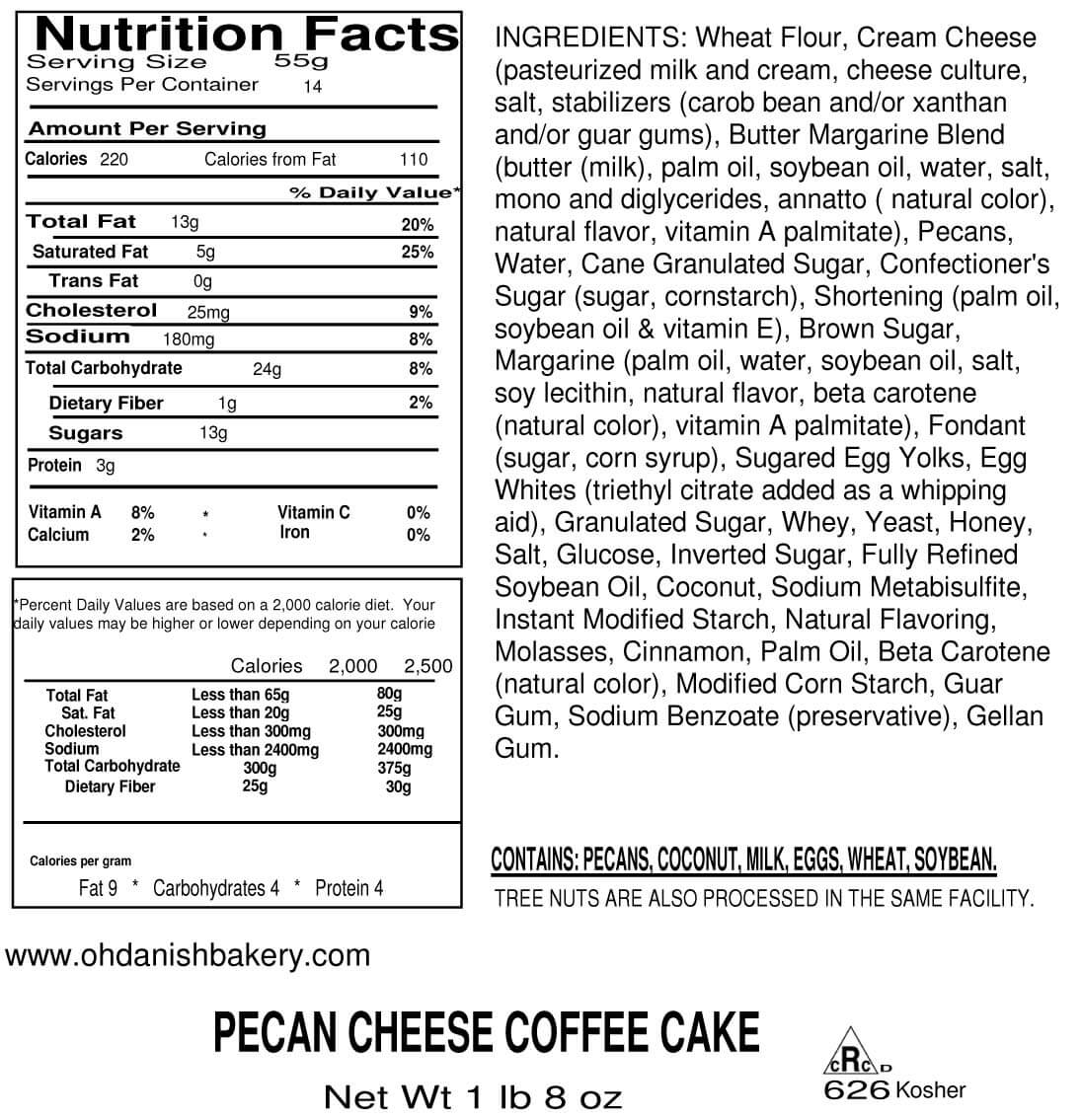 Nutritional Label for Pecan Cheese Coffee Cake