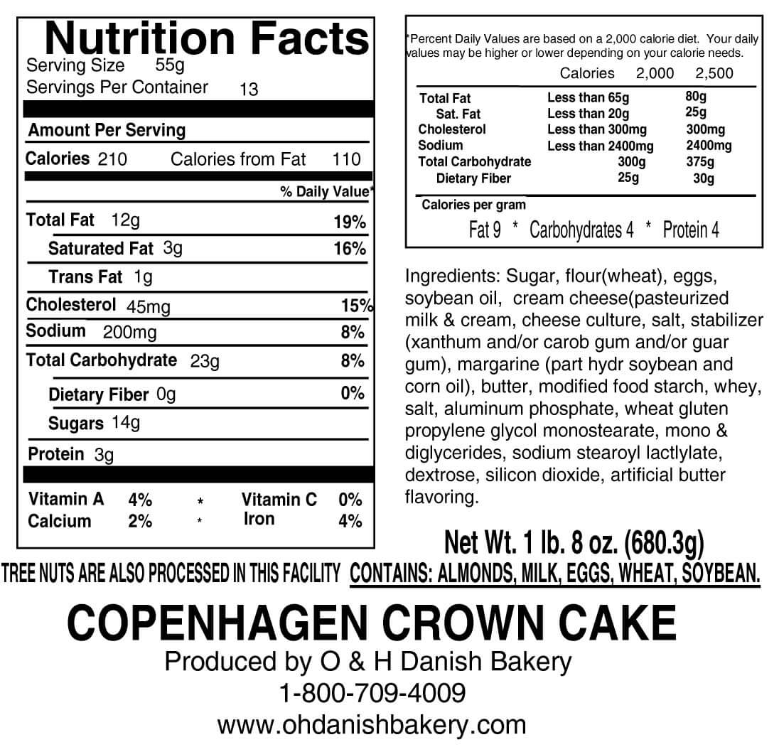 Nutritional Label for Copenhagen Crown Cake