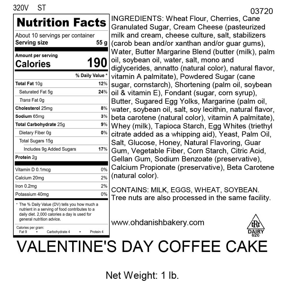 Nutritional Label for Heart Valentine's Day Coffee Cake