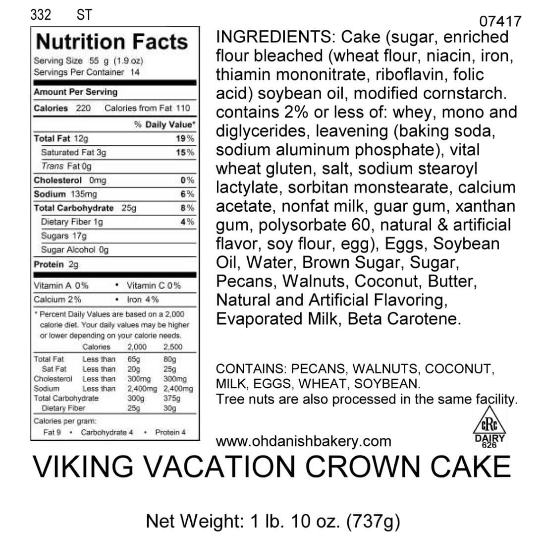 Nutritional Label for Viking Vacation Crown Cake