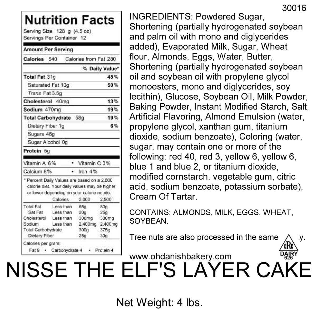 Nutritional Label for Nisse the Elf's Layer Cake