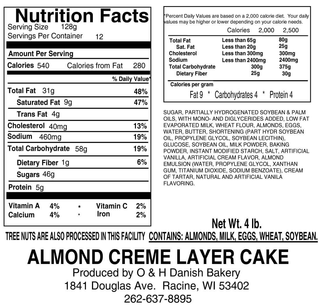 Nutritional Label for Copenhagen Creme Layer Cake