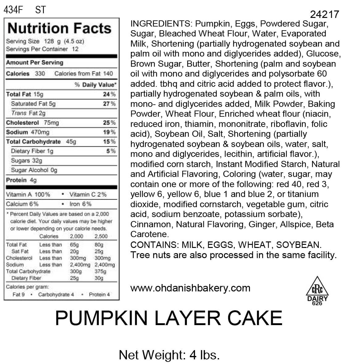 Nutritional Label for Pumpkin Layer Cake
