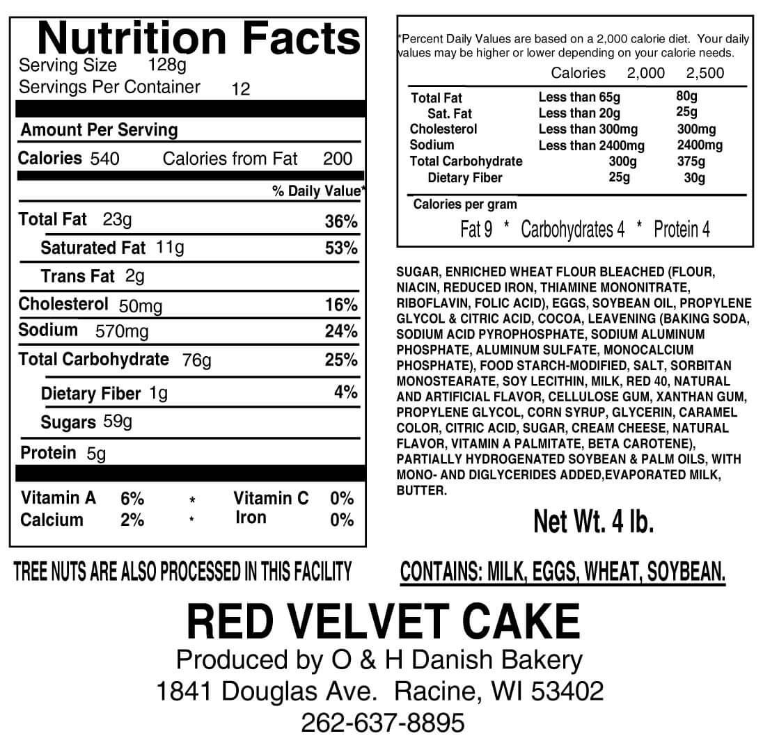 Nutritional Label for Red Velvet Cake