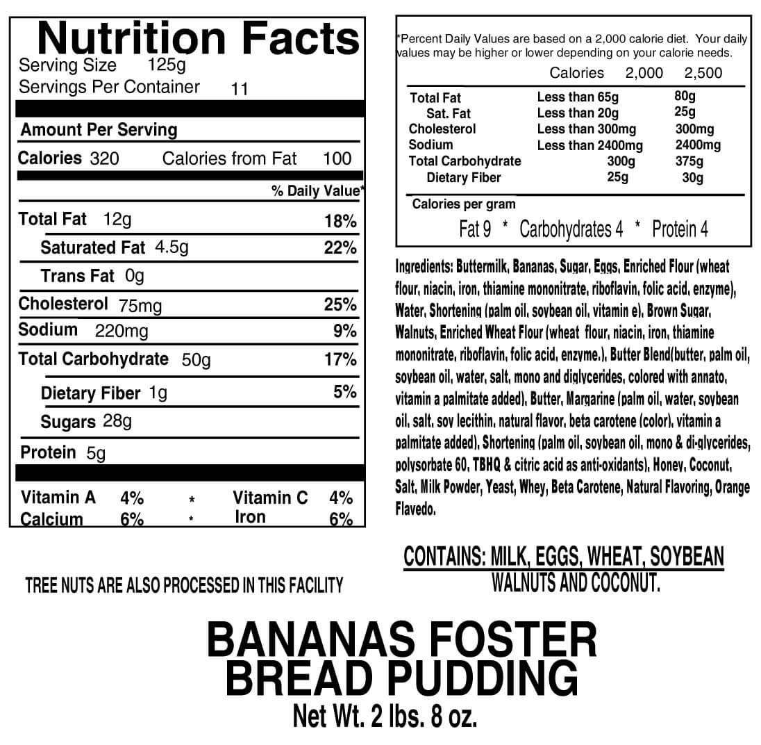 Nutritional Label for Bananas Foster Bread Pudding
