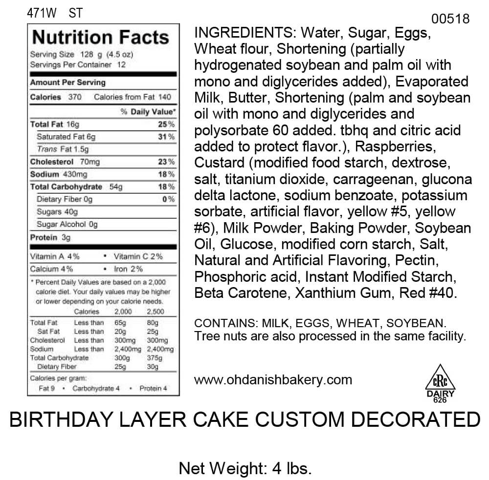 Nutritional Label for Birthday Layer Cake Custom Decorated