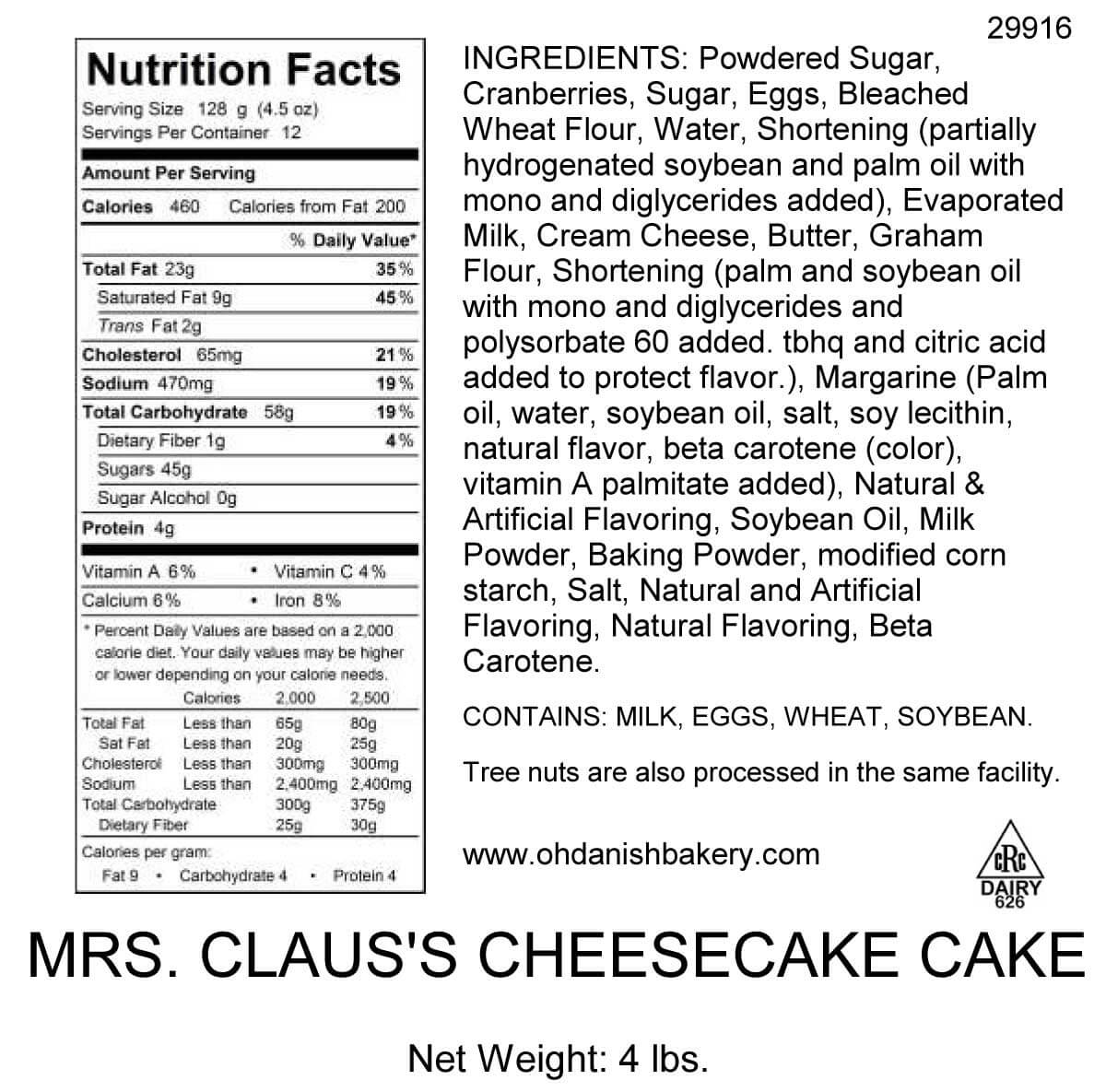 Nutritional Label for Mrs. Claus' Cheesecake Cake