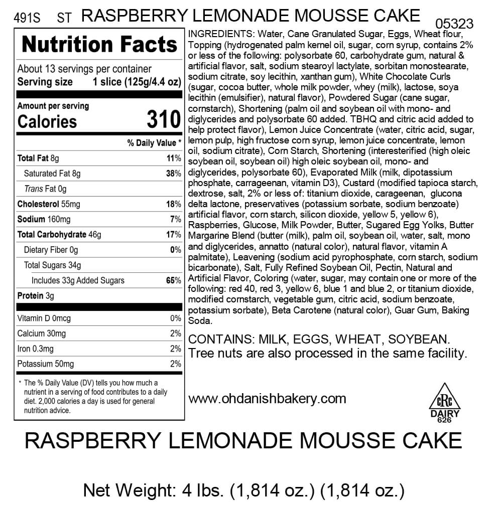 Nutritional Label for Raspberry Lemonade Mousse Cake