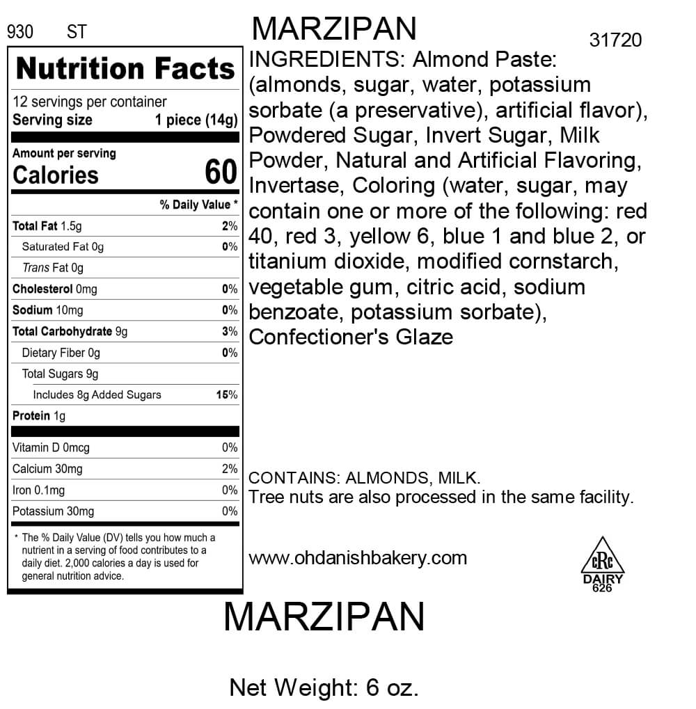 Nutritional Label for 12 Pieces of Marzipan Candy