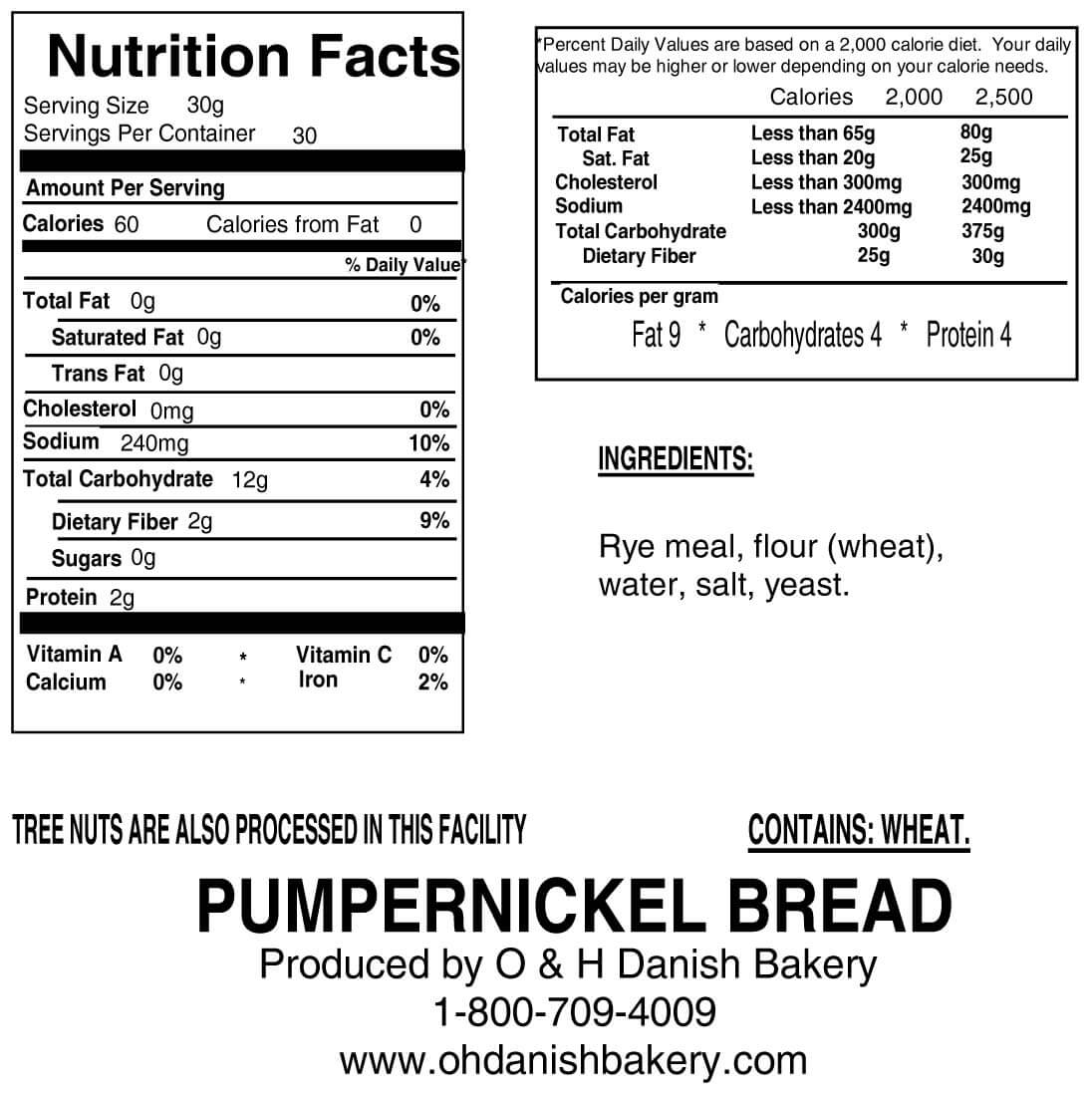 Nutritional Label for One Loaf of Pumpernickel