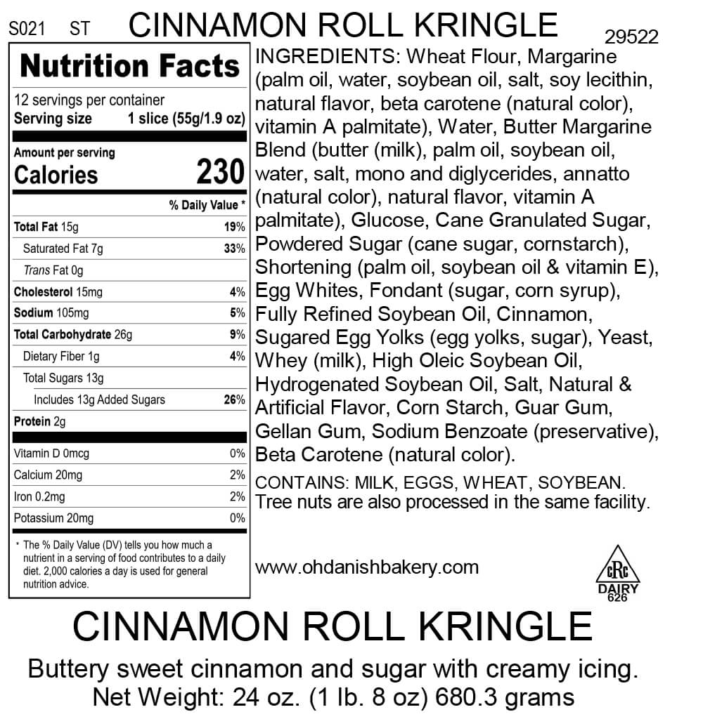 Nutritional Label for Cinnamon Roll Kringle