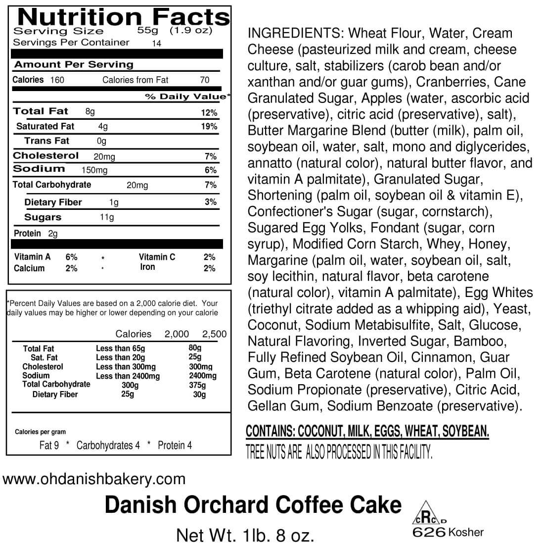 Nutritional Label for Danish Orchard Coffee Cake