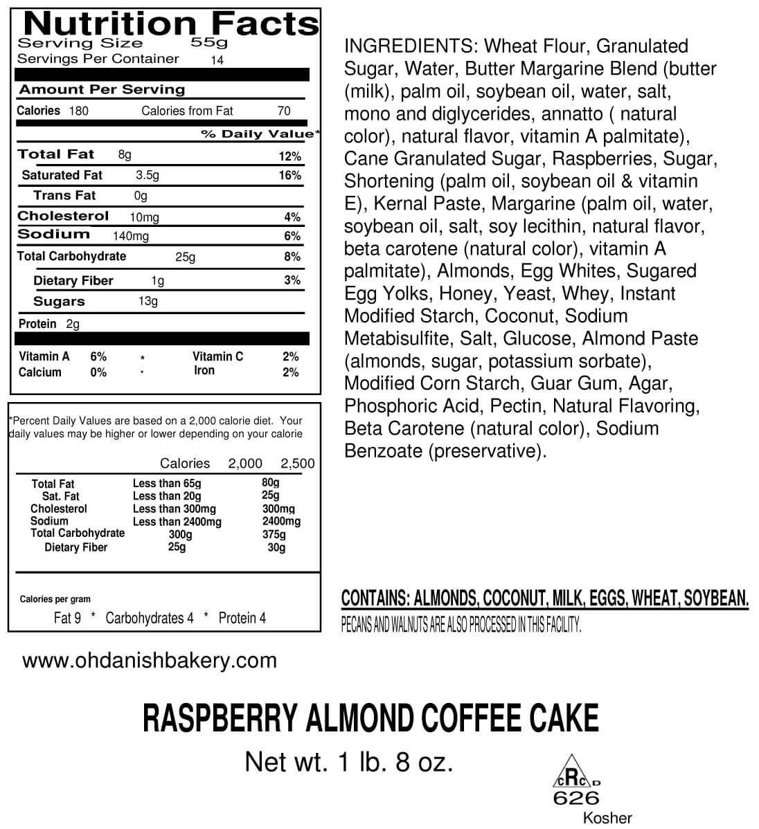 Nutritional Label for Raspberry Almond Coffee Cake