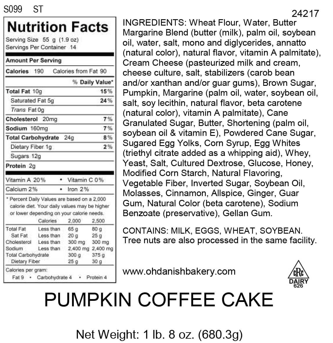 Nutritional Label for Pumpkin Coffee Cake