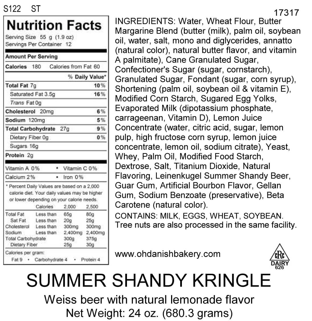 Nutritional Label for Summer Shandy Kringle
