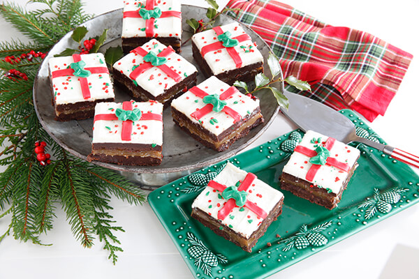 brownies with Christmas present decoration