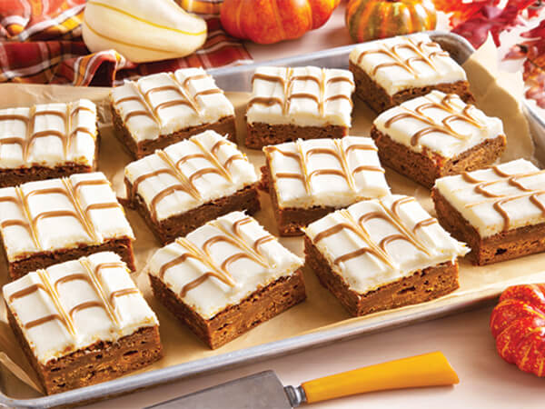 Pumpkin Brownies served in an aluminium baking sheet