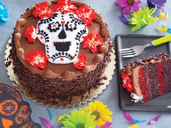 Chocolate Day of the Dead Cake featuring a frosted sugar skull