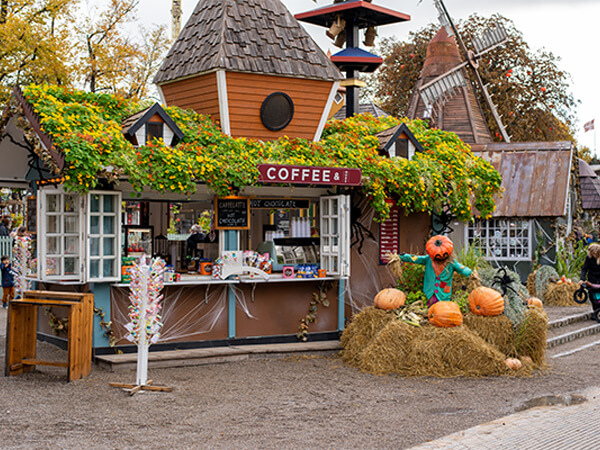 Coffee stall in Tivoli Gardens amusement park decorated for Halloween