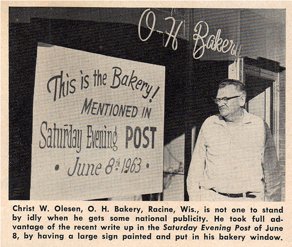 1963 photo of Christ Olesen outside of O&H Bakery in Racine, WI