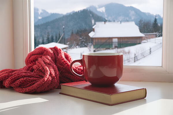 A red cup, red book, and red scarf at a window overlooking snowy mountains