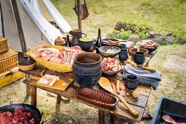 A Viking feast on wooden tables