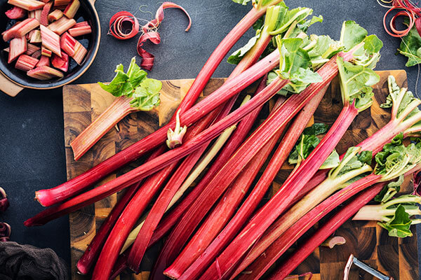 Rhubarb stalks on a cutting board