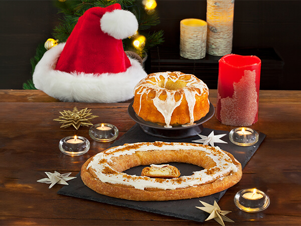 holiday feast dessert spread with the White Christmas Crown Cake and Kringle