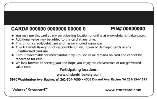 O&H Danish Bakery gift card back example