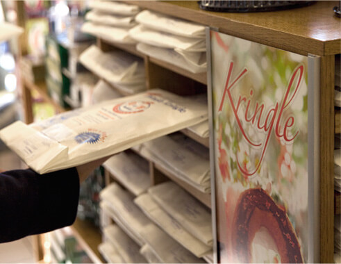 Danish kringle selection in O&H Danish Bakery retail shop