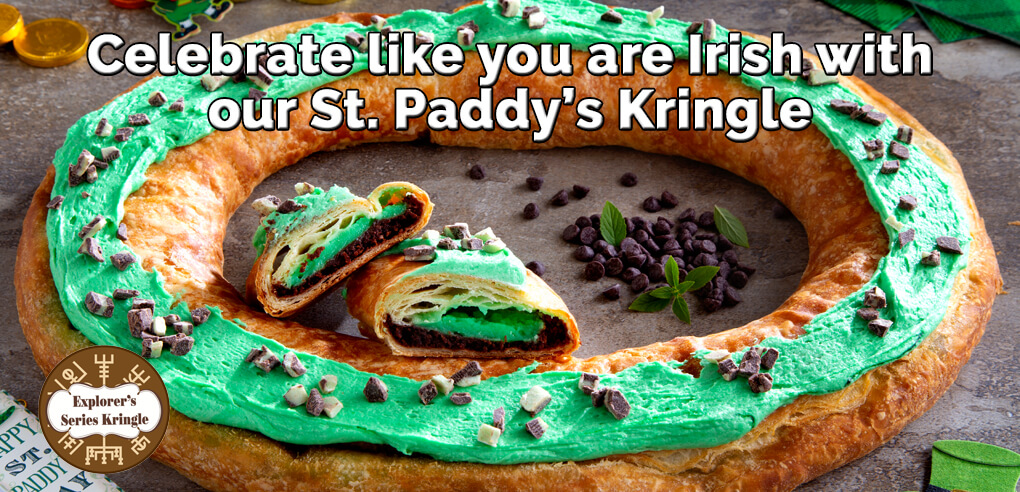 Dark chocolate cake with mint flavored filling and topped with Irish green icing topped with mint chocolate pieces - Item number: S020 - St. Paddy's Kringle