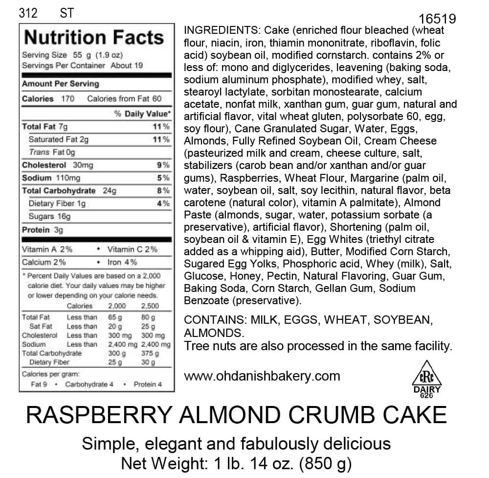 Nutritional Label for Raspberry Almond Crumb Cake