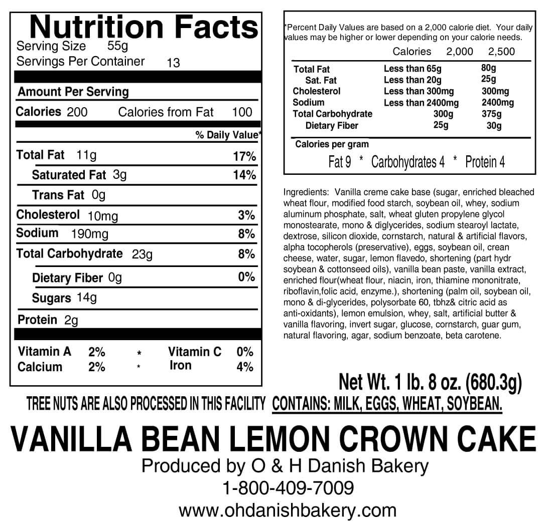 Nutritional Label for Vanilla Bean Lemon Crown Cake