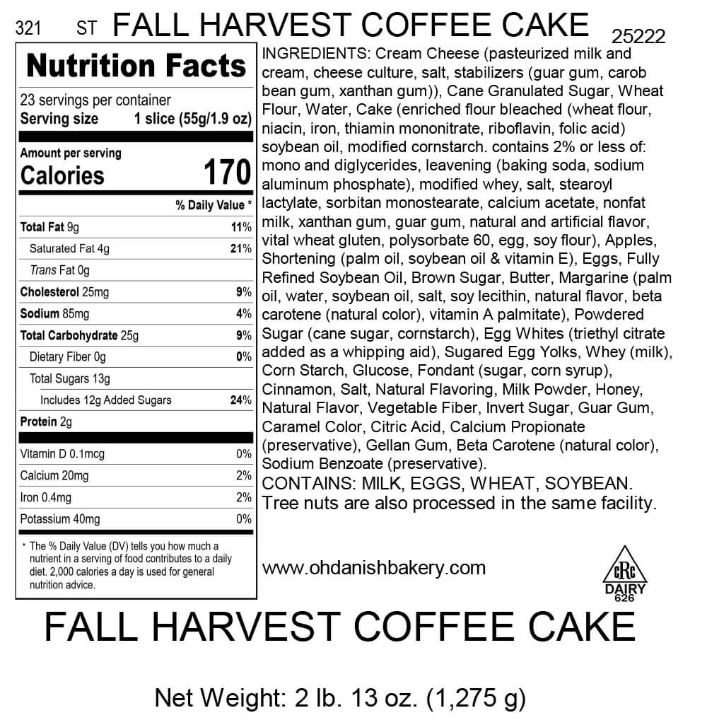 Nutritional Label for Fall Harvest Coffee Cake