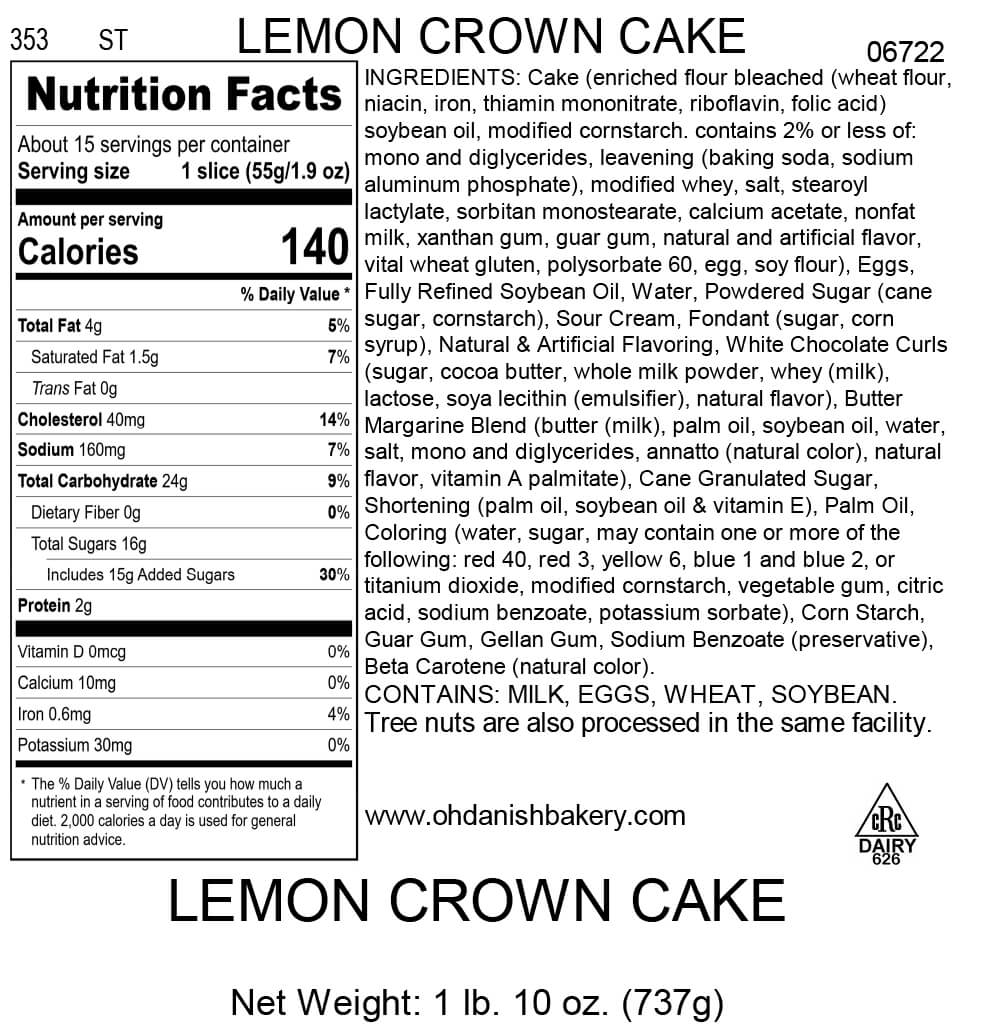 Nutritional Label for Lemon Crown Cake