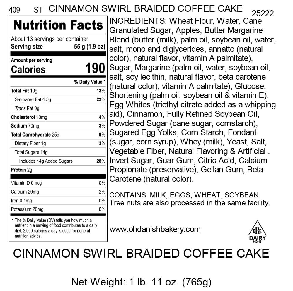 Nutritional Label for Cinnamon Swirl Braided Coffee Cake
