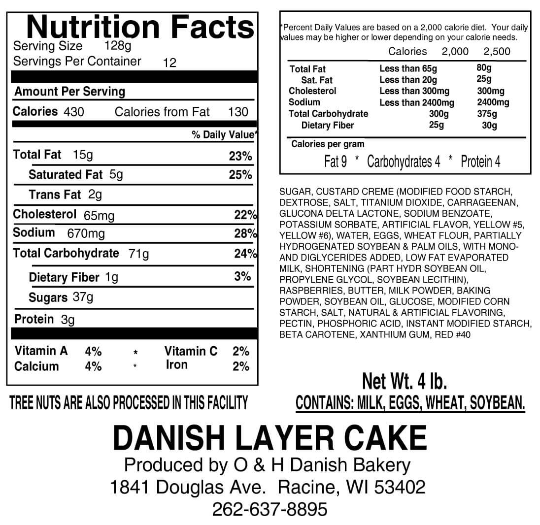 Nutritional Label for Danish Layer Cake