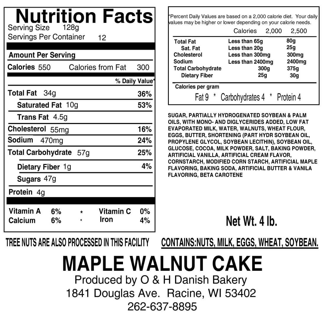 Nutritional Label for Maple Walnut Cake