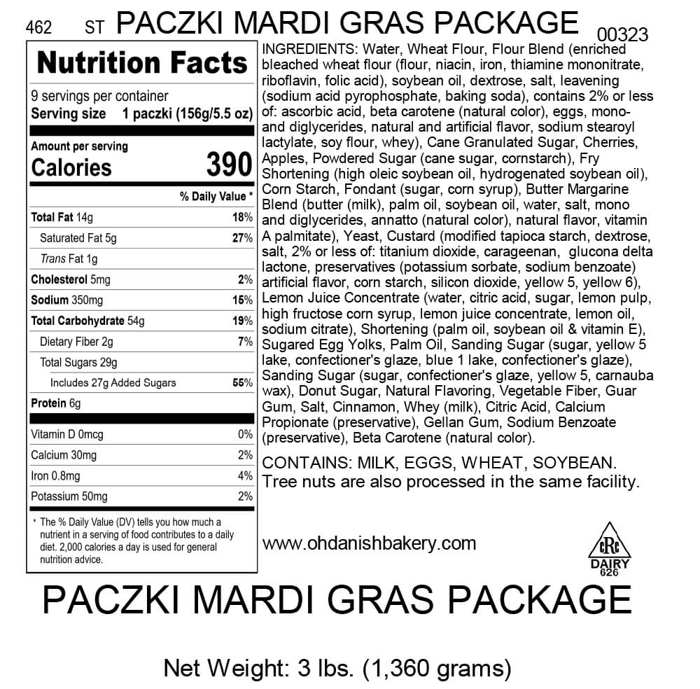 Nutritional Label for Paczki Mardi Gras Package