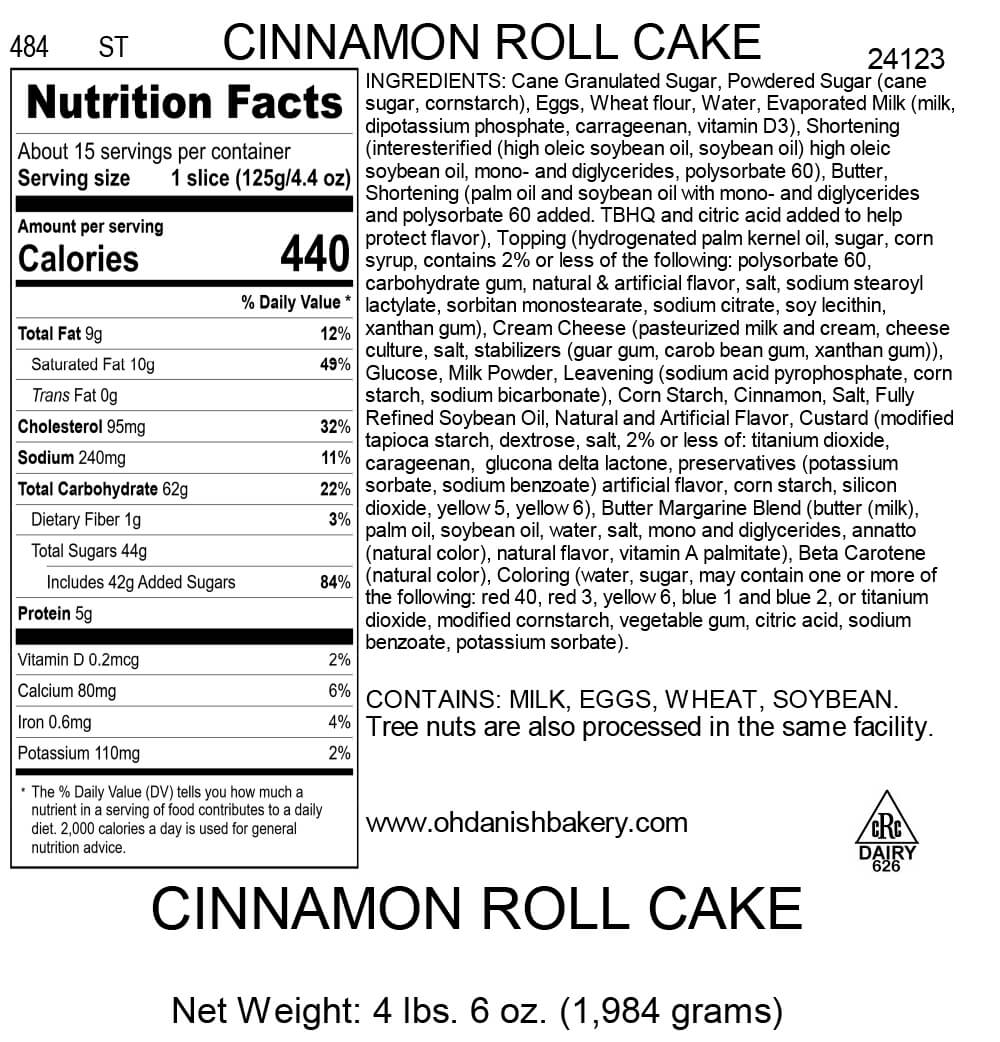 Nutritional Label for Cinnamon Roll Cake