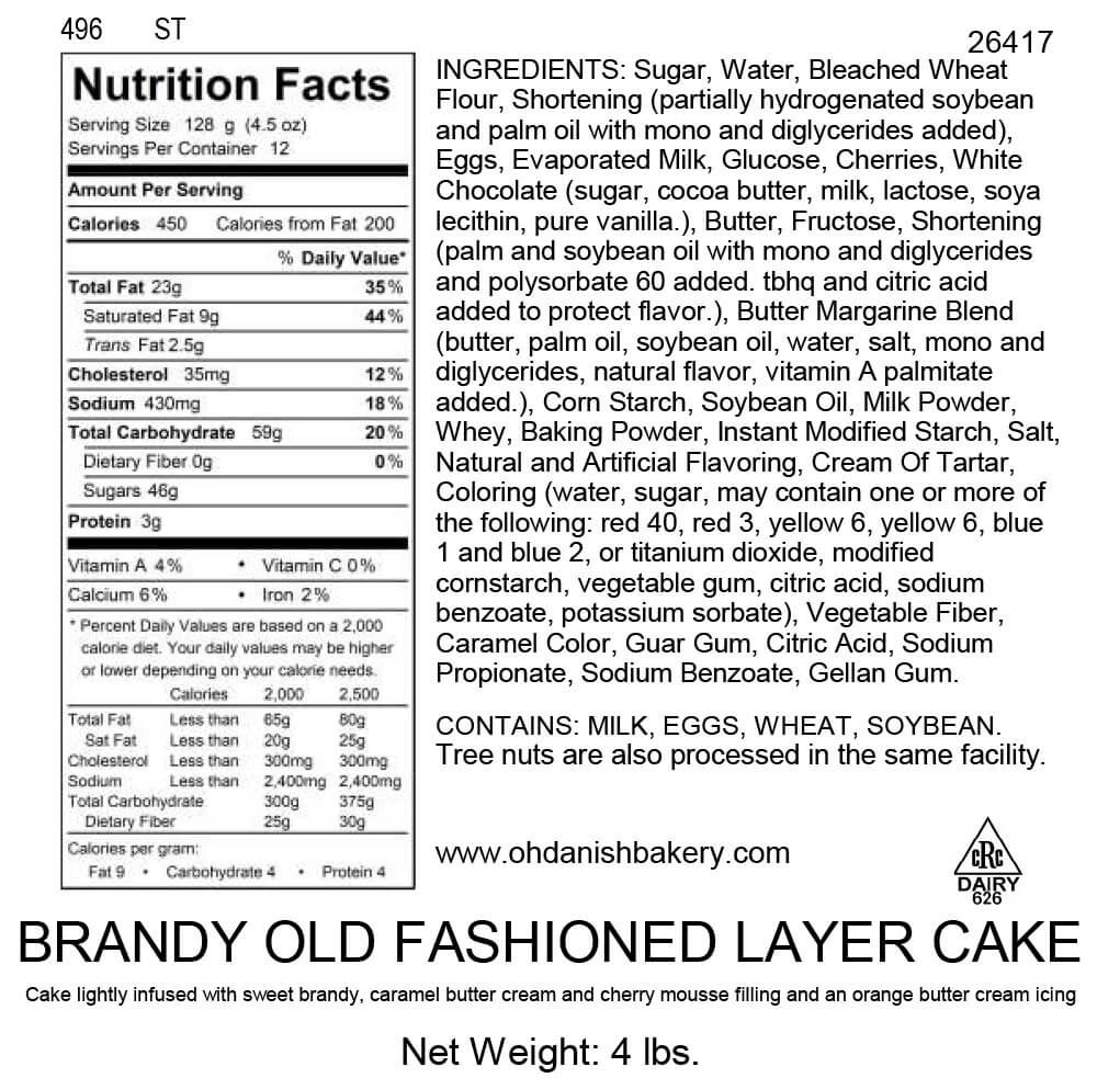Nutritional Label for Brandy Old Fashioned Layer Cake