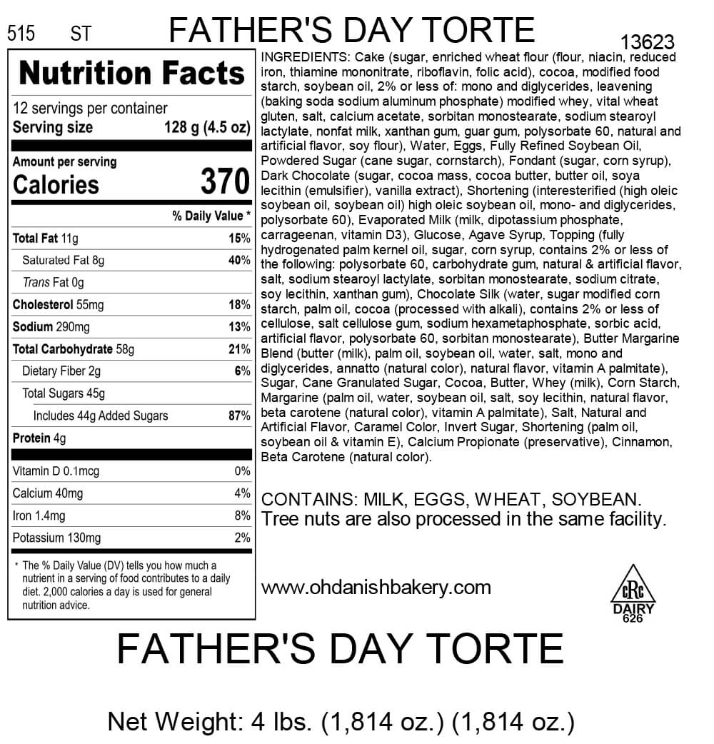 Nutritional Label for Father's Day Torte