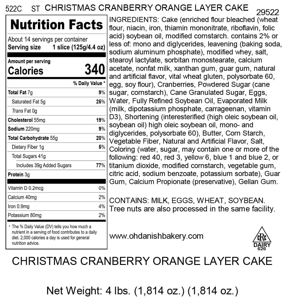 Nutritional Label for Christmas Cranberry Orange Cake