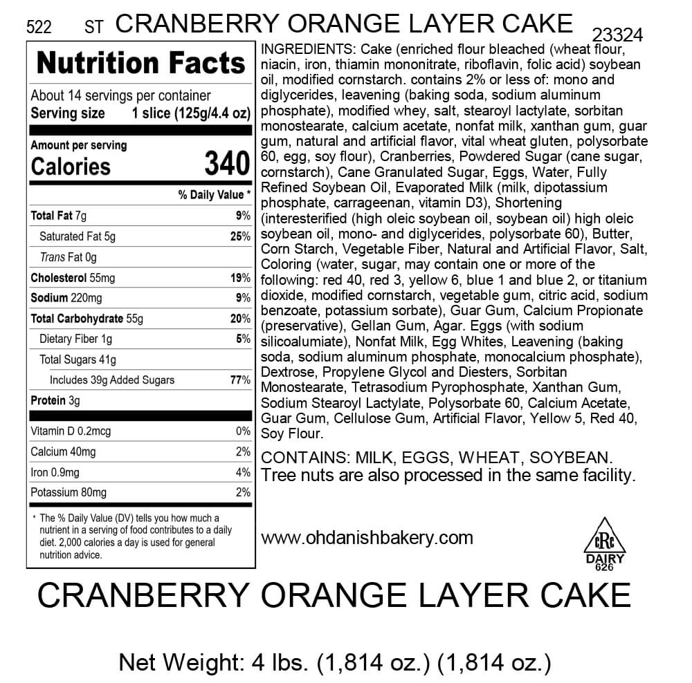 Nutritional Label for Cranberry Orange Layer Cake