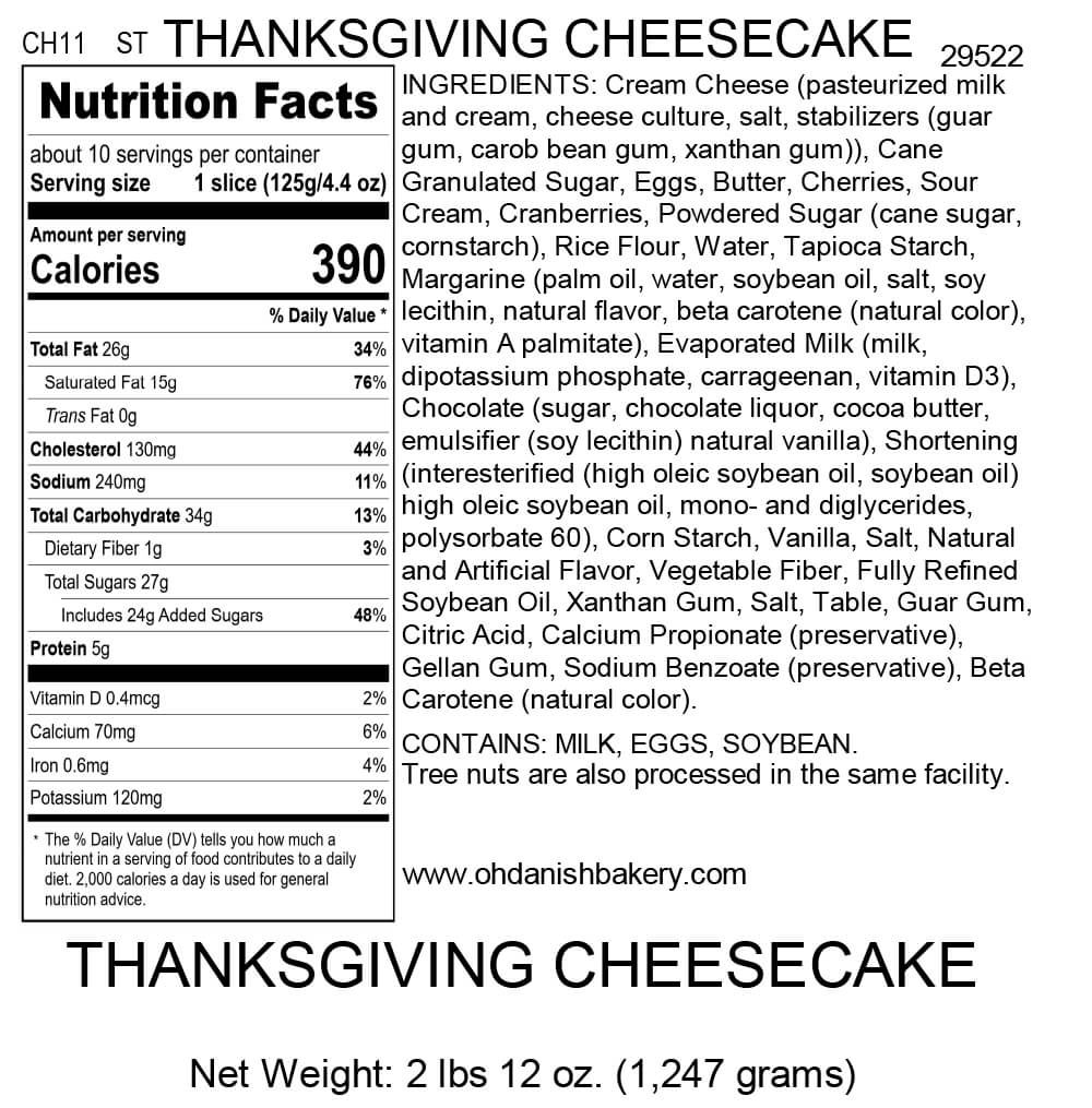 Nutritional Label for Thanksgiving Cheesecake (Gluten Free)