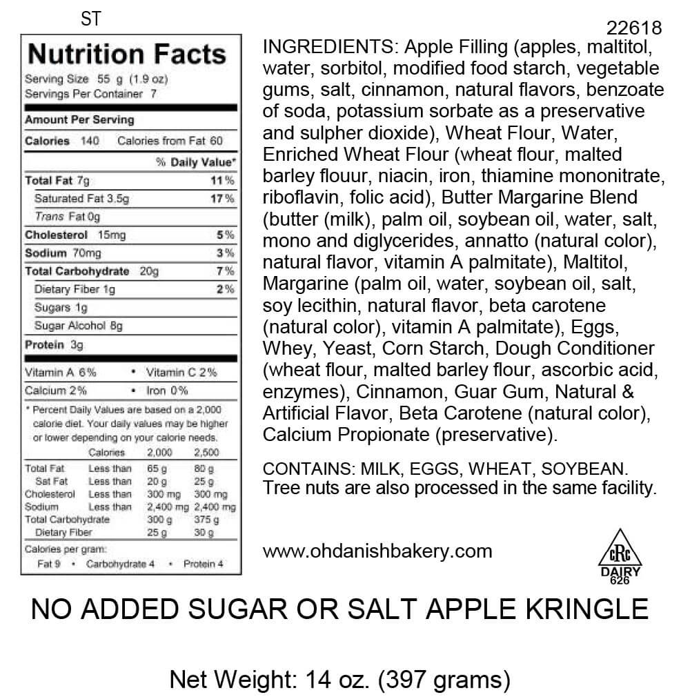 Nutritional Label for No Added Salt and Sugar Kringle